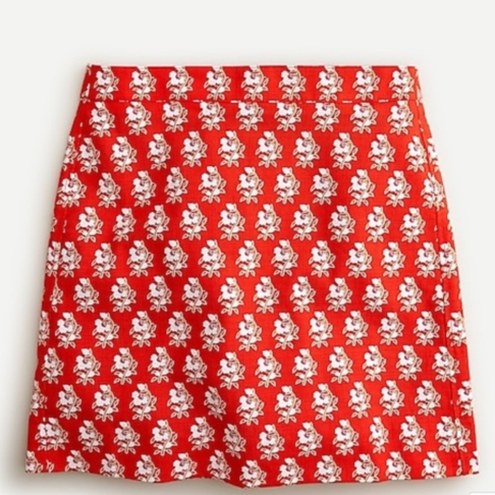 NWT: $88 J.CREW Mini Skirt in Red Block-Print Stretch Grasscloth, Size 2